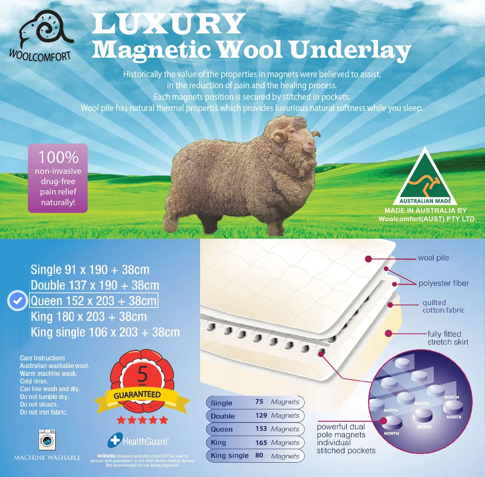 Fully Fitted magnetic therapy Wool Underlay Underblanket Topper Bed-QUEEN