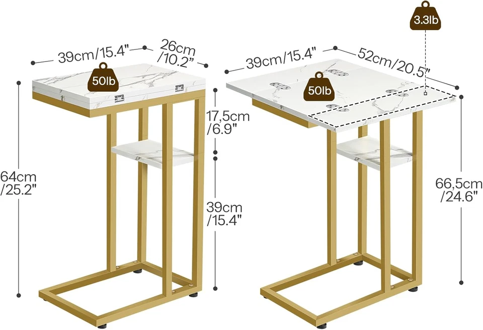 Foldable End Table, Gold C Shaped Side Table with Storage Shelf, Small Snack Tab - Image 3 of 4