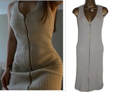 Lipsy Zip Front Bodycon Dress 12 Knitted Nude Tan Midi Sleeveless Ribbed Party