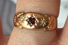 Antique 9ct Garnet and Diamond Gypsy  Ring from 1919 Size O 1/2