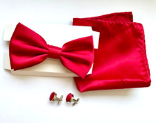 RED SILK ADJUSTABLE BOW TIE POCKET SQUARE CUFFLINKS MATCHING TUXEDO SET