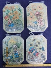  4 Tomylee nursery pictures on wood plaques w/ flowers children  mushrooms