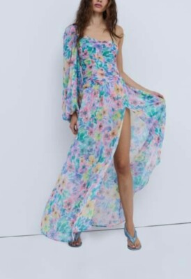 open lace back dress Amelie One-Shoulder Accordion Pleat Maxi Dress Floral Fuchsia Selfie Leslie