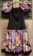 Vtg 80s Drop Waist Dress Victor Costa Bubble Skirt Bold Shoulder Formal EUC