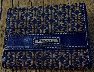 Vintage FOSSIL Wallet Trifold Canvas Monogram Brown Leather Zipper Change Pouch
