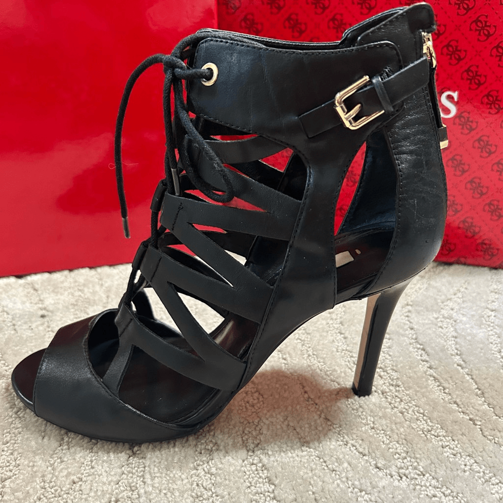Guess Larkee Black Leather Strappy Heels eBay