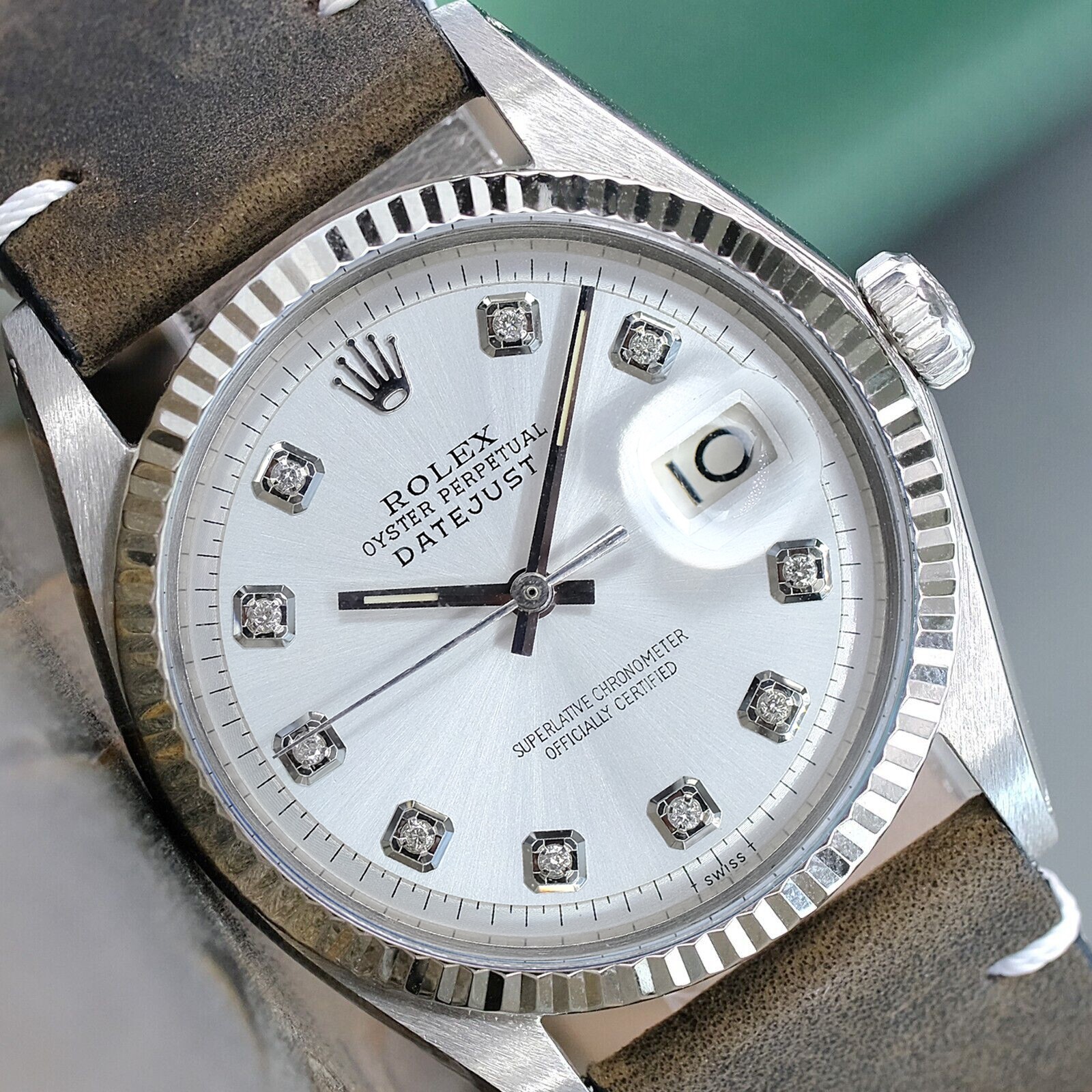 ROLEX DATEJUST MENS WATCH GOLD SS SILVER DIAMOND DIAL LEATHER