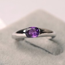 Purple Amethyst Bezel Ring Natural Gemstone Oval Cut 925 Sterling Silver