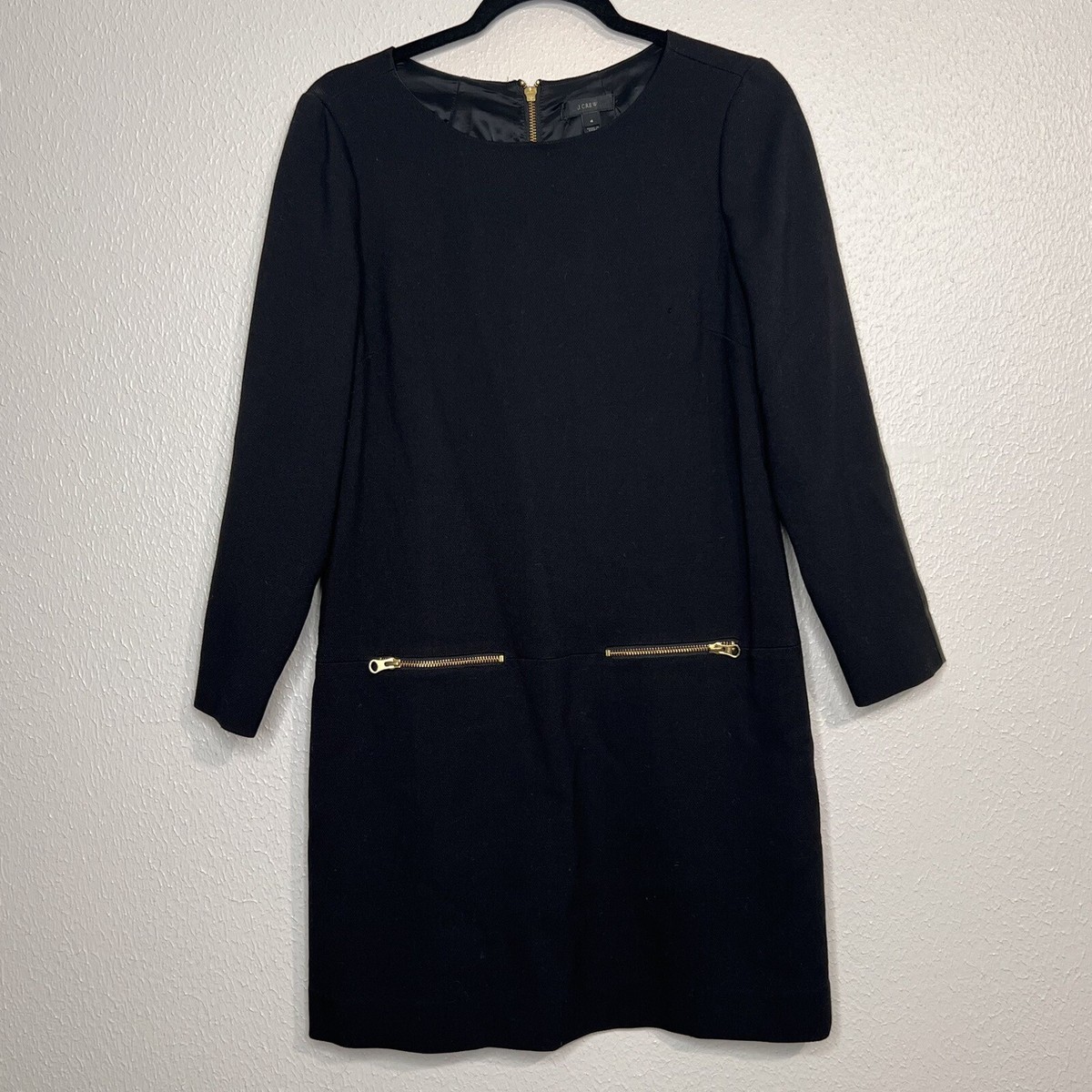 J. Crew Dress Womens Size 4 Black Long Sleeve Gold Zip Faux Leather Arm Patch | eBay J. Crew Dress Womens Size 4 Black Long Sleeve Gold Zip Faux Leather Arm Patch | eBay