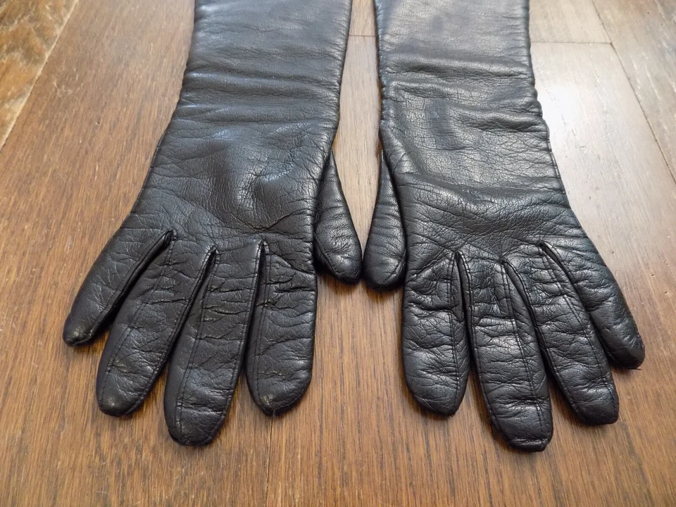 复古 Mantessa 黑色儿童皮革手套丙烯酸衬里长晚肘意大利 S — 第 3/4 张图片