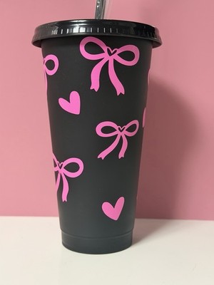 Handgefertigte rosa Schleife und Herz Cold Cup Becher mit Strohhalm Brandneu