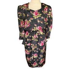 Vintage 80s Dress Pellini Satin Peplum Floral Size 8 Cottage Retro Tiered USA