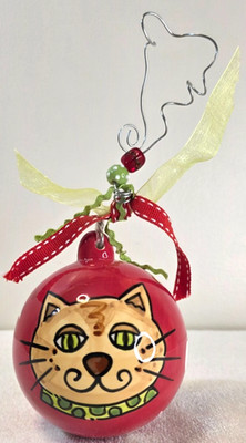 Glory Haus White Cat And Fishes Ball Ornament Red Ornament Used