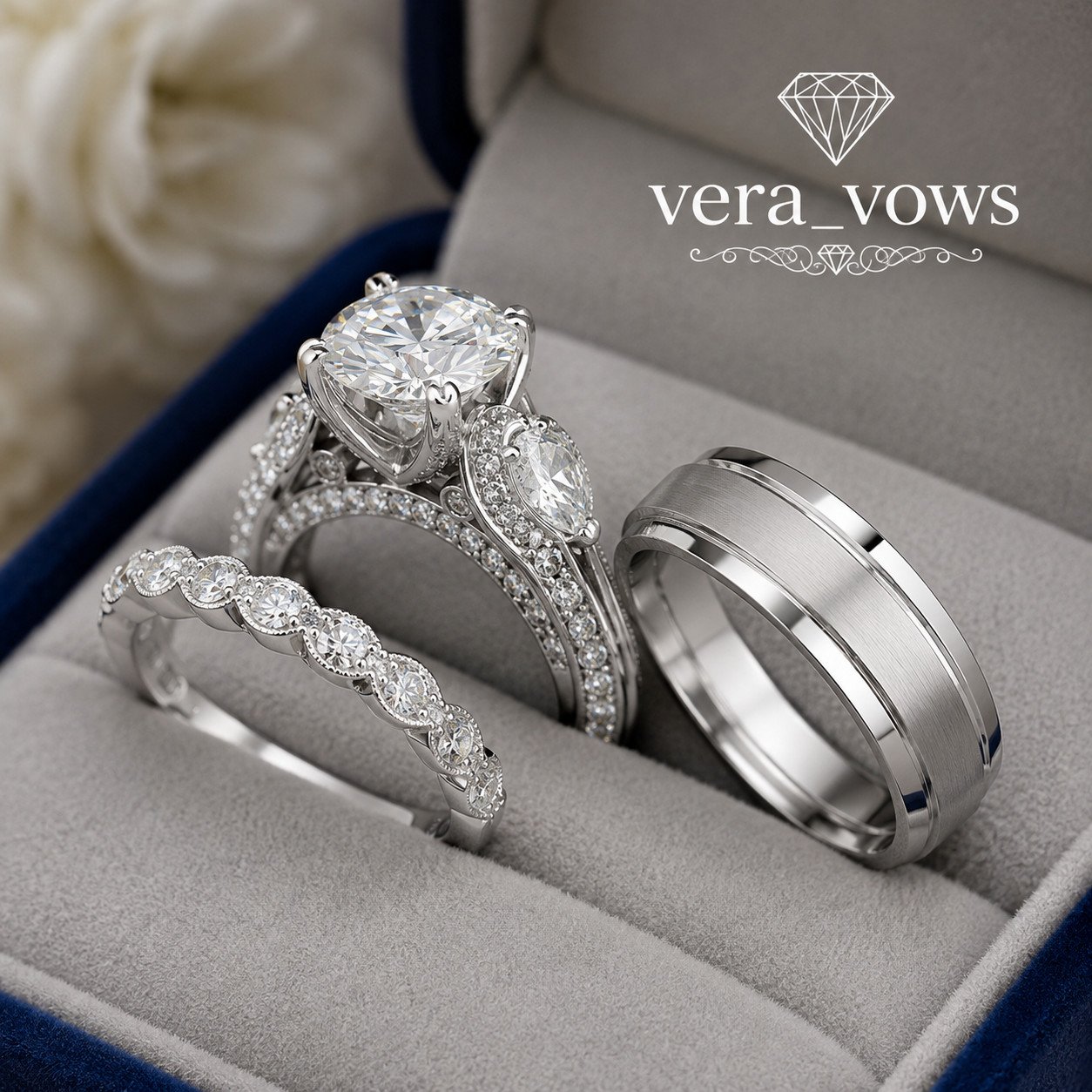 Pass Test 14K White Gold Plated His/Her Trio Ring Attractive 3 Ct Moissanite Set