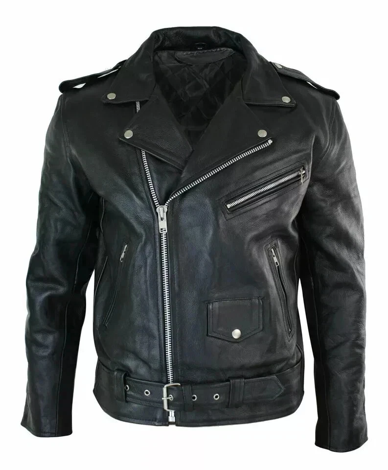 Men's Motorcycle Leather jacket Genuine cowhide Skin Brando Style Black Biker image 4