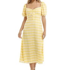 FAITHFULL THE BRAND Yellow Plaid Striped Juniper Puff Sleeve Midi Dress Size 8 S