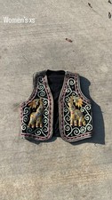 Women's XS Embroidered Beaded Elephant Vest Black Gold Multicolor Open Front