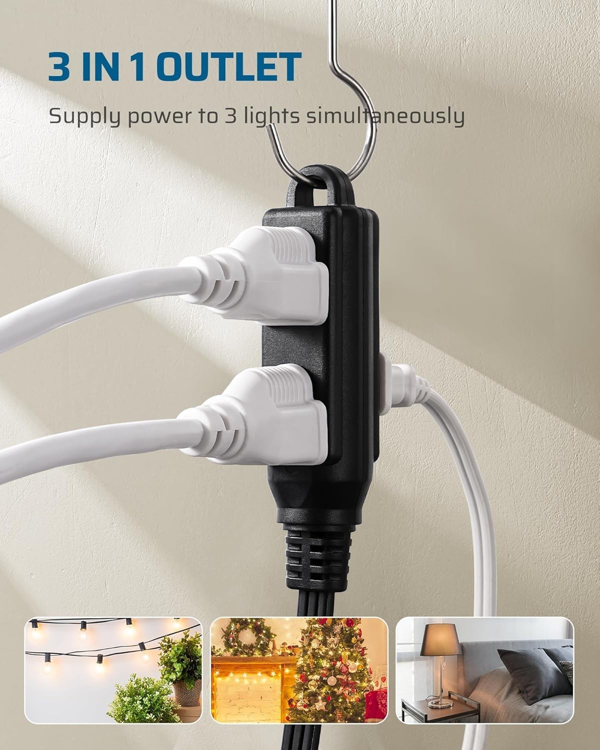 Flat Plug Extension Cord 1 FT - 3 Outlets Power Strip, Space-Saving Design