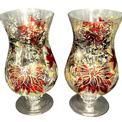 Home Essentials Poinsettia Hurricane Tall Glass Candleholder Vases Set of Two