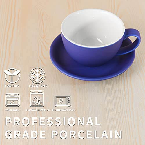  Porcelain Latte Cup and Saucer - 10 oz for Cappuccino,Tea,Cafe Mocha, Set of 