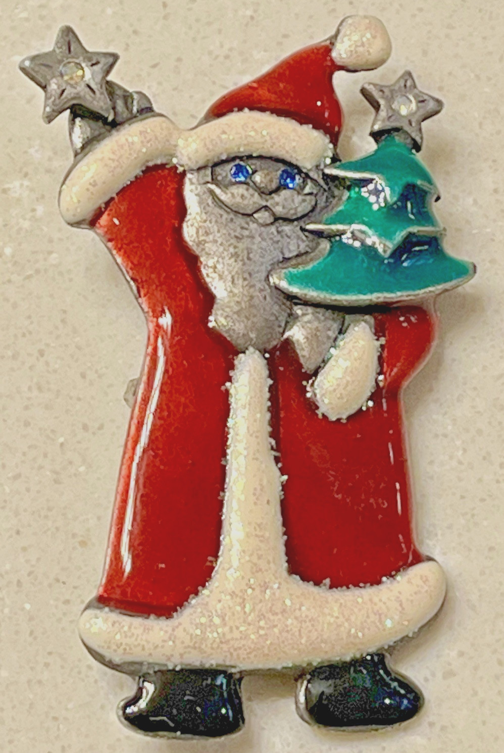 Vintage AJMC silver tone enameled Santa Clause -  It must be Christmas  brooch