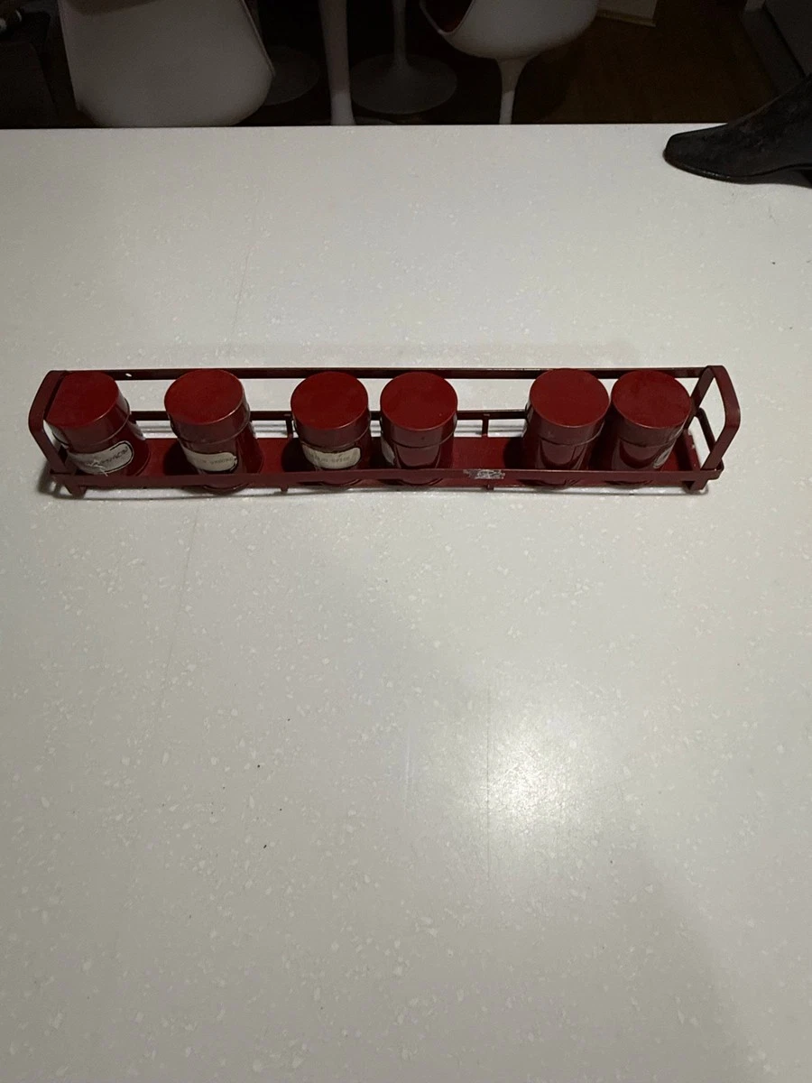 Vintage Red Metal Spice Rack with 6 Jars