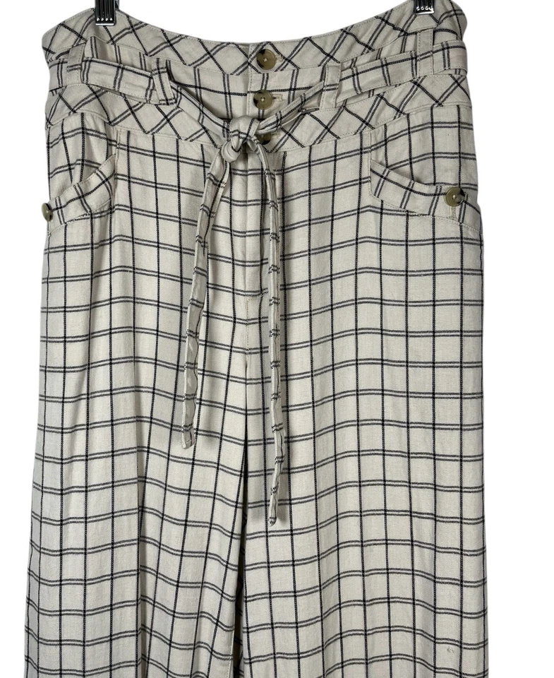 By Anthropologie Sz 10 Pants Wide Leg Windowpane Trousers Check Cream Black Tie - Image 2 of 4