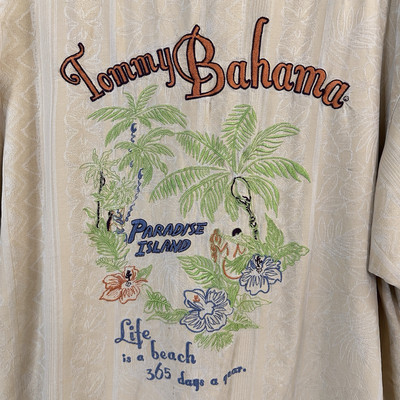 Tommy Bahama Camp Shirt Men s XL Life s A Beach Embroidered Yellow Paradise Silk