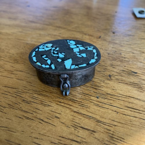 Taxco Mexico Sterling Silver Turquoise Inlay Trinket Pill Box 24.7g Vintage