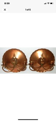 2 VINTAGE GREGORIAN HAMMERED COPPER WALL SCONCE CANDLE HOLDERS