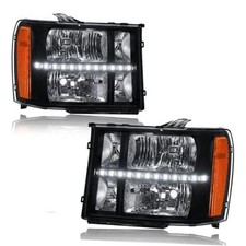 LED DRL Headlights for 2007-2013 GMC Sierra Black Housing Amber Reflector