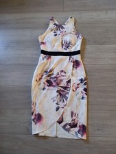 Little Mistress Cream Floral Shift Dress Mock Wrap Silky Occasion Wedding UK12