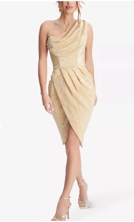 Lavish Alice NWOT Sz 14 Stella One Shoulder Gold Sequins Midi Cocktail Dress
