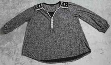 Lucky Brand Blouse Top Women's 1X Black Embroidered Boho Long Sleeve Pullover