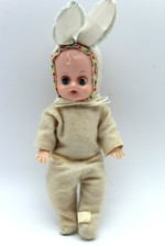 Vintage Celluloid 7.5" Baby Doll w/ Bunny Suit Ears Blinking Eyes Haunted