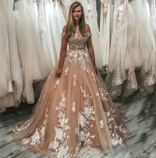 Champagne Puffy Princess Wedding Dresses Off Shoulder Lace-up Lace Floral Boho