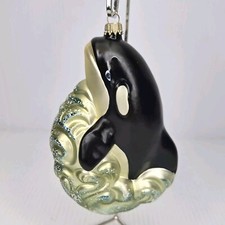 Killer Whale Blown Glass Ornament Orca Christmas Decoration Black White Wave Vtg