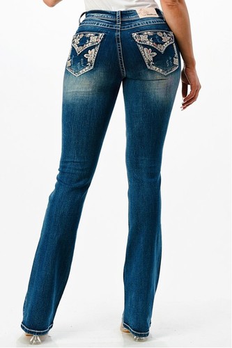 Grace in LA Women's Faux Flap Pocket Floral Embroidered Distressed Bootcut Jeans - Bild 3 von 3