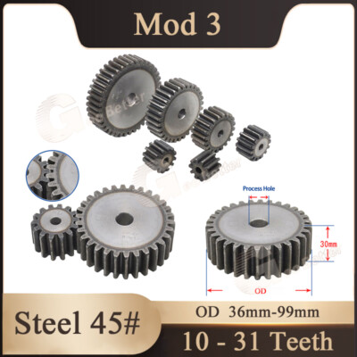 Steel Spur Gear Mod 3 Pinion Gear 10-31 Teeth 36-99mm OD Motor Flat Gears