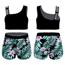 Kid Girls 2-Piece Gymnastics Dance Sports Outfit Crop Top with Booty Swimsuit
