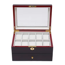 2 Tier 20-Slot Watch Box Wood Display Case Glass Top Jewelry Storage Box+Lock