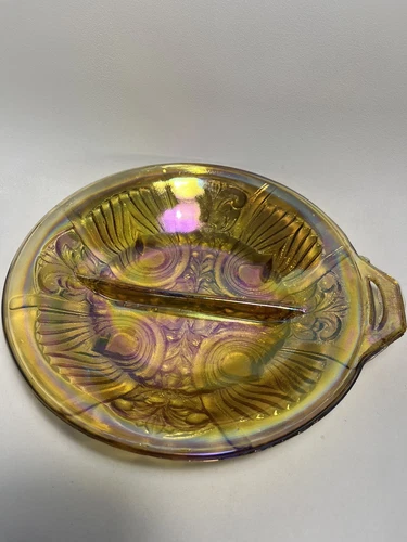 Vintage Indiana Carnival Glass Round Divided Serving DishBowlPlateIridescent B21
