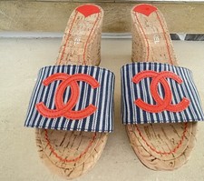 Vintage 2008 Chanel Striped Denim with CC logo Cork Wedge Sandals 37.5