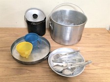 Vintage Aluminum Camping Hunting Pots w/ Lids  Cook Set Silverware