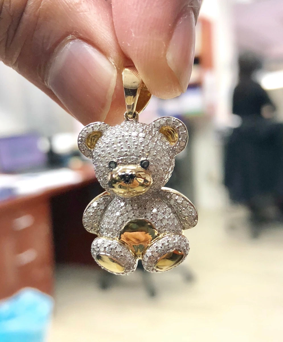 10K Yellow Gold Genuine Diamond Teddy Bear Pendant 1.40" 3D Pave Charm  1.05 CT.