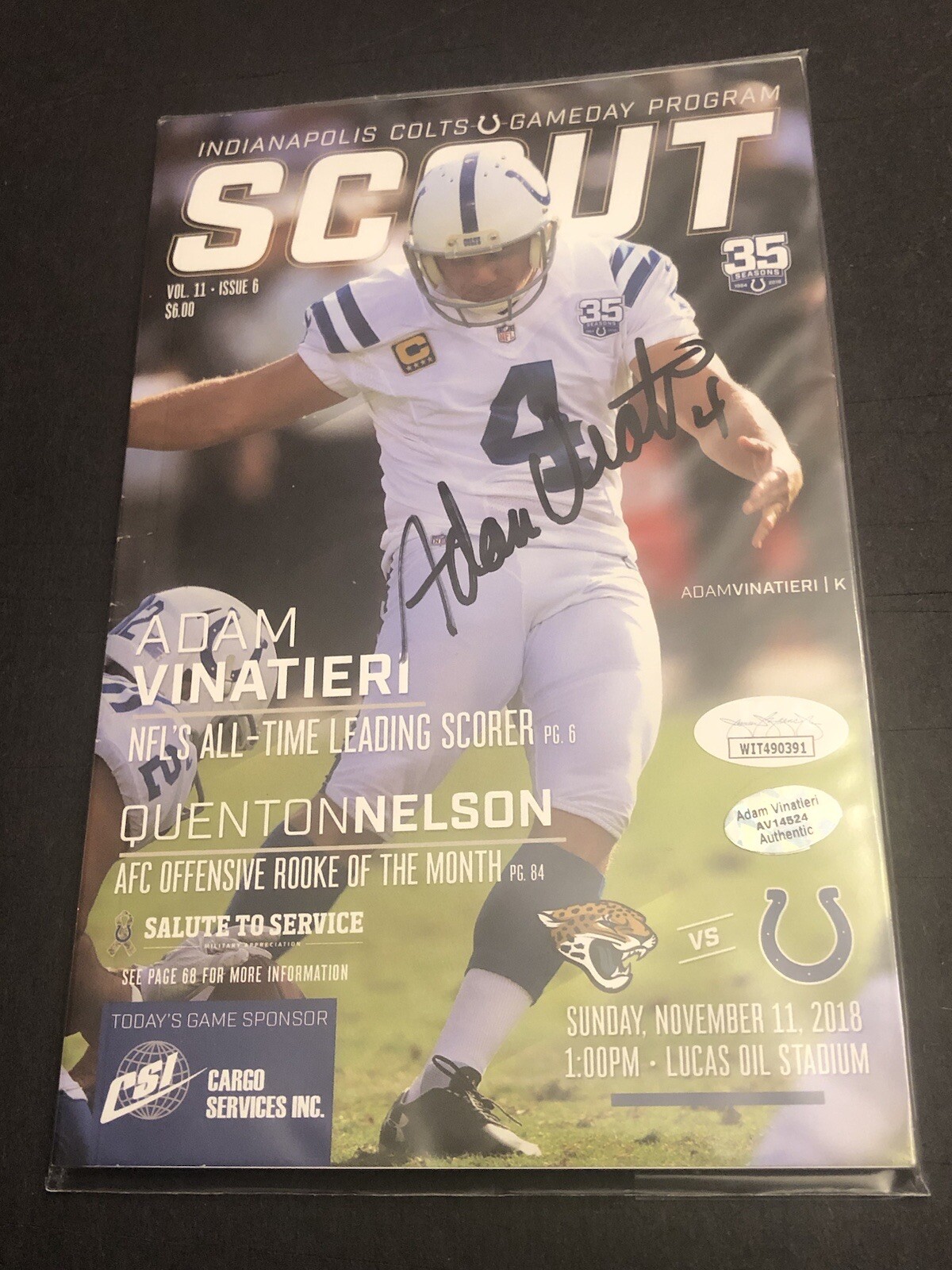 Adam Vinatieri Autographed Signed Indianapolis Colts JSA COLTS SCOUT PROGRAM ALL TIME LEADING SCORER COVER 391 