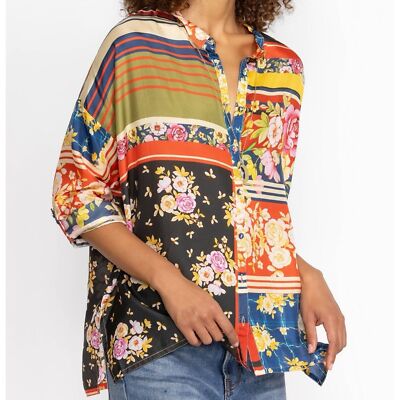 Johnny Was 100% Silk Boho Floral The Audrey Oversized Button Down Front Blouse