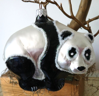 Vtg Poland Tag Panda Bear Blown Glass Christmas Ornament White Glitter 4 1/2'' L