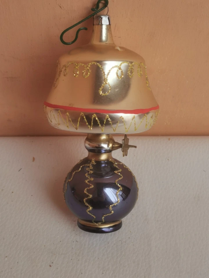 addobbo per albero di natale vintage lampada ad olio blu in pasta di vetro - Immagine 4 di 4