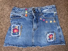 Vintage Y2K Floral Embroidered Denim Skirt Buttons Patches Faded Glory Girls 5